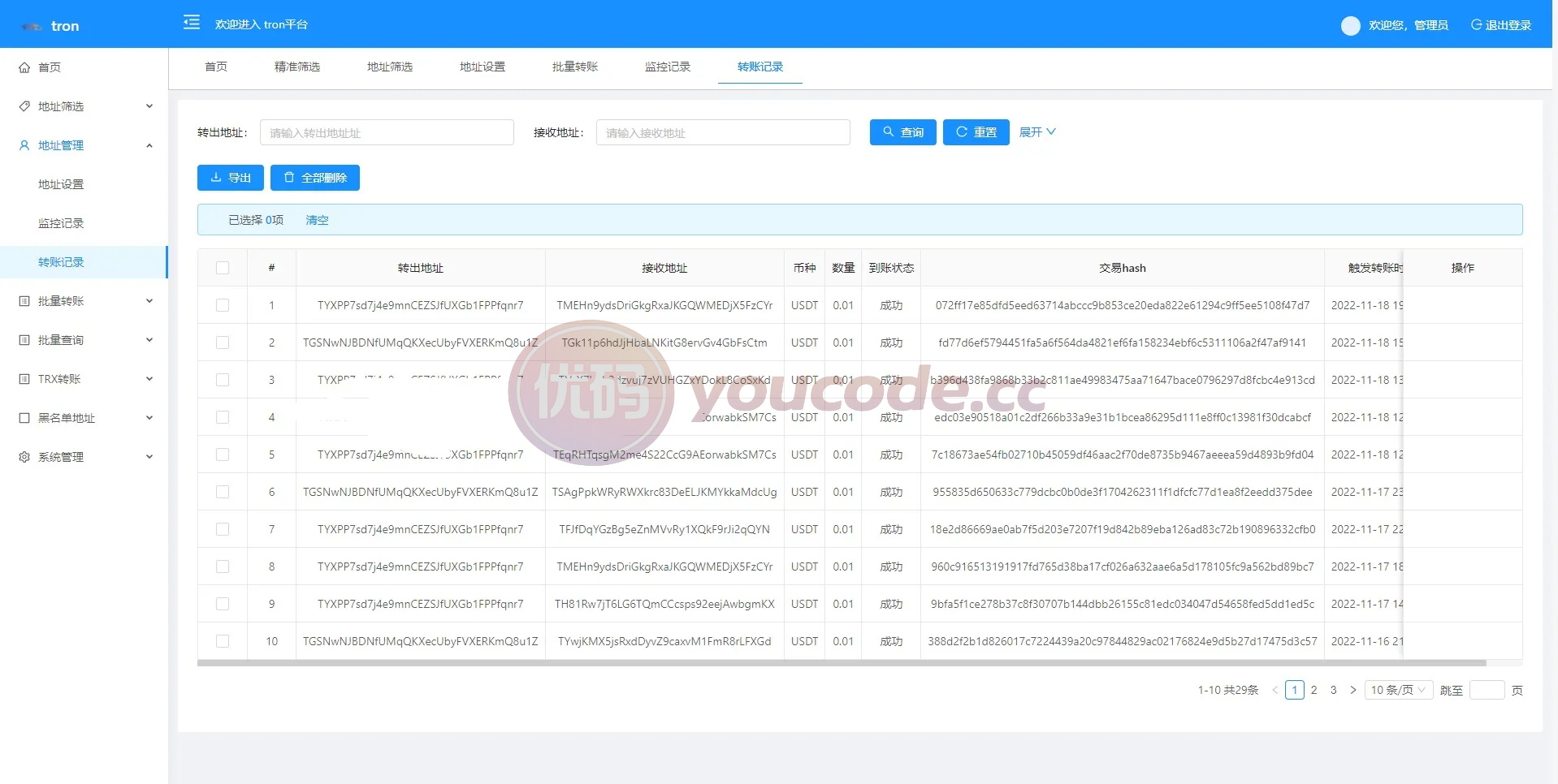 TRX波场系统TRX归集系统+TRX批量广告USDT+批量转账+批量生成地址+钱包系统+地址余额监控