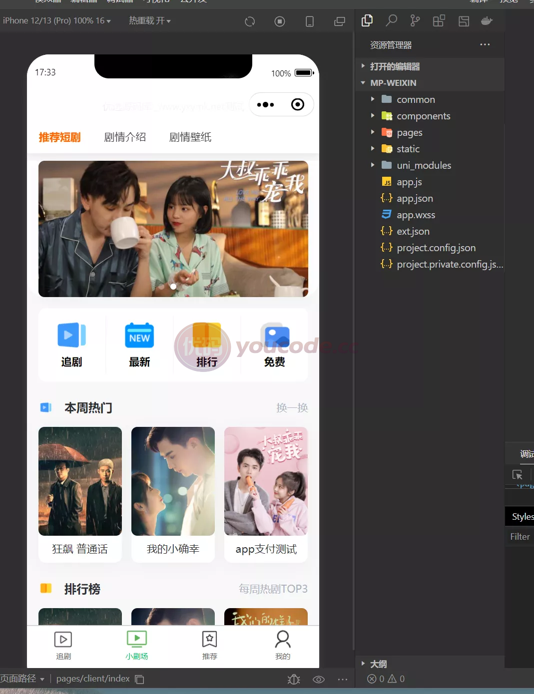 仿抖音滑动小短剧影视带支付收益等模式的微信小程序源代码