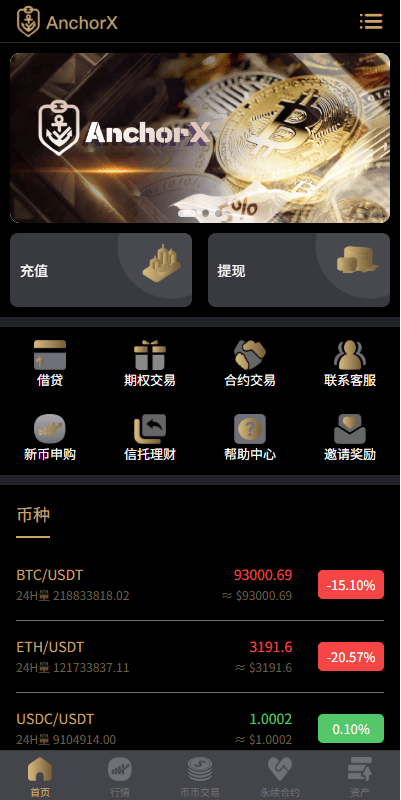 多语种数字资产平台/币币交易区期权/永续合约交易/申购/C2C交易/贷款理财