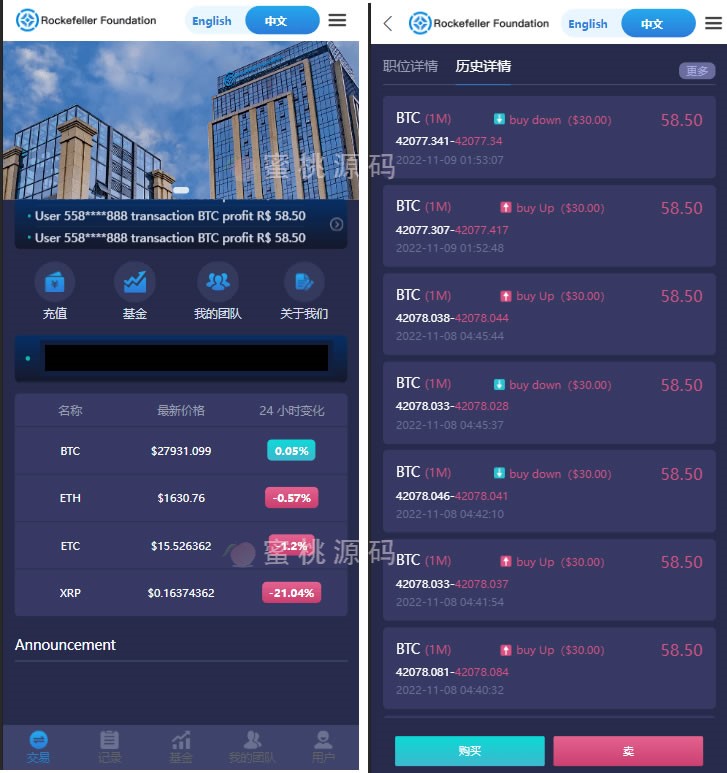 多语种境外微交易交易系统源码虚拟币交易比特币BTC微交易/代理模式后台可控杀